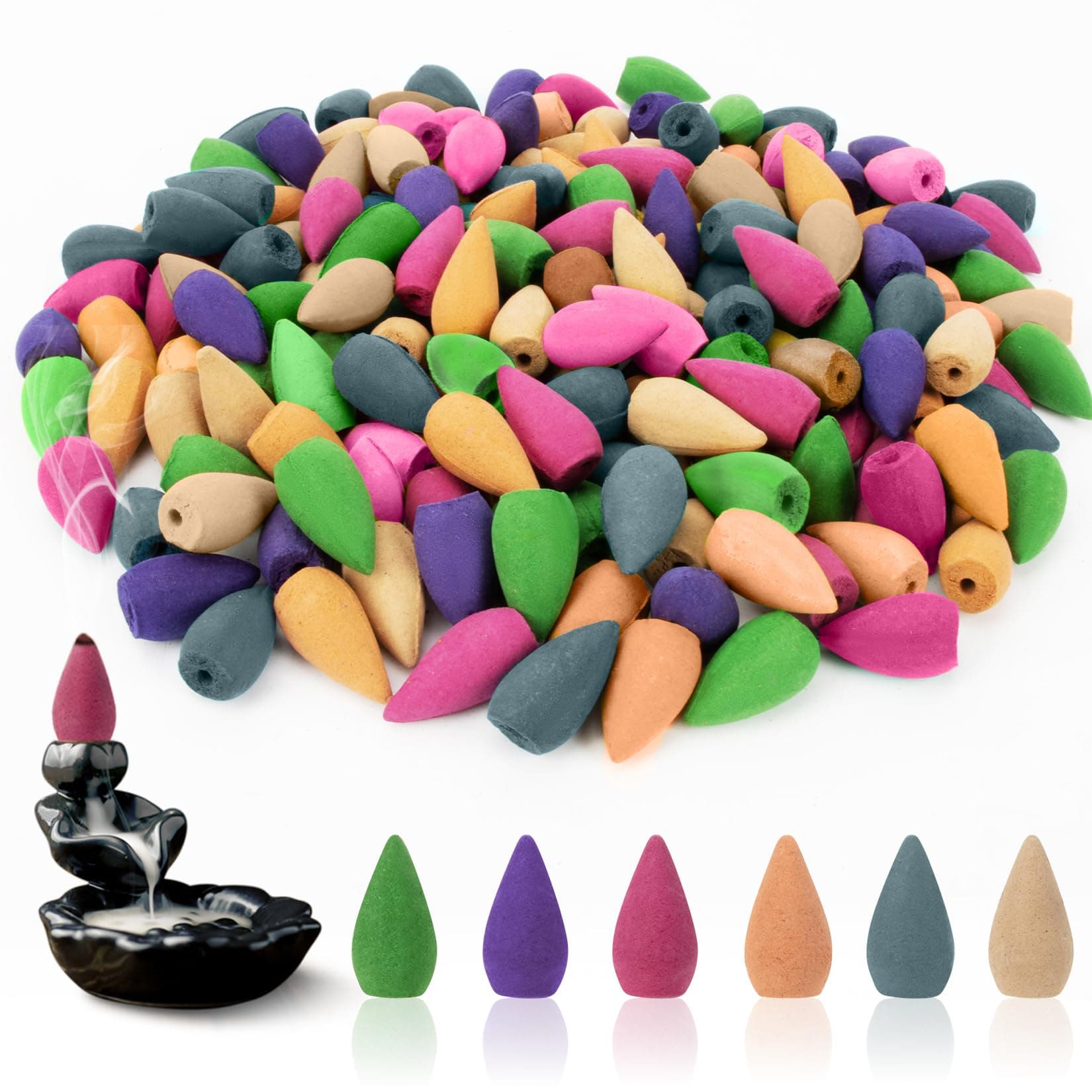 Sukh Backflow Incense Cones for Waterfall - Waterfall Scented Incense Cone 108 PCS Backflow Smoke Burning Cone Incense Bulk 6 Different Incense Waterfall Cones for Backflow Waterfall Incense Burner