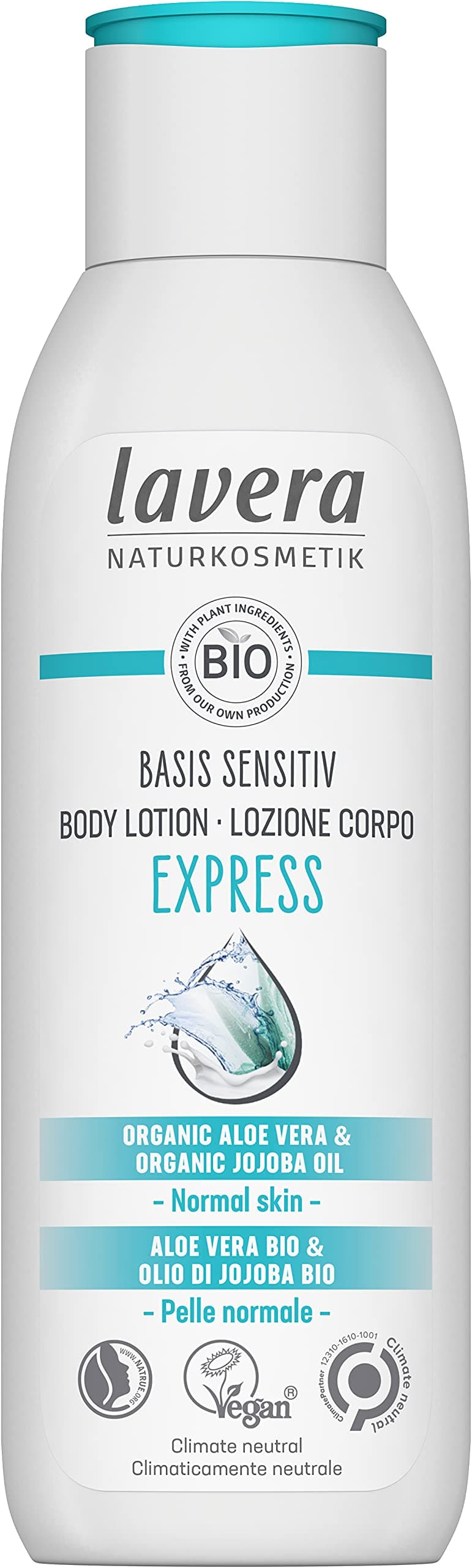 Basis Sensitive Body Lotion Express – 24-hour fast-absorbing moisturiser with organic aloe vera & organic jojoba oil, absorbs extra quickly – vegan & dermatologically tested – 250 ml