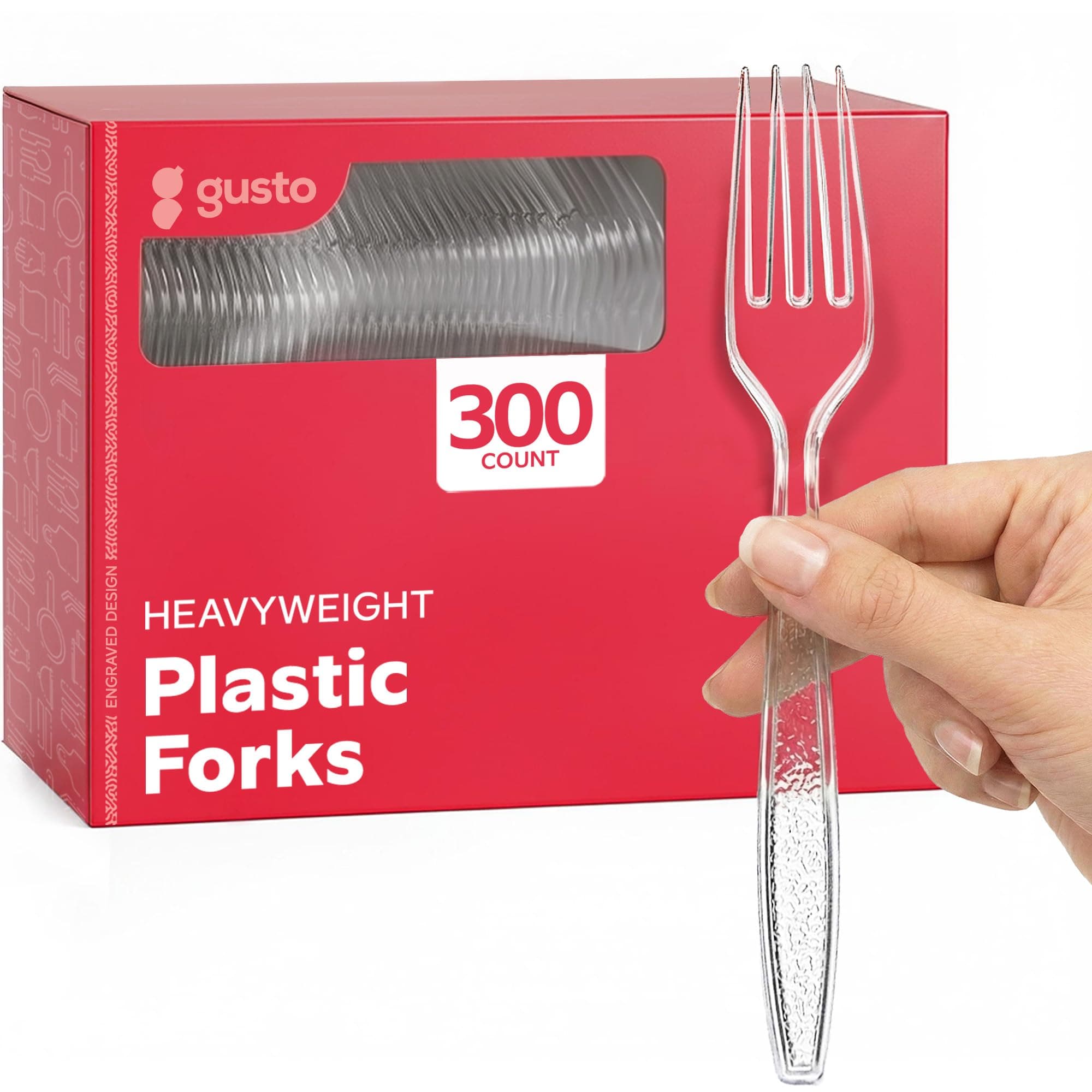 GUSTO [300 Pack] Heavyweight Clear Plastic Forks with Engraved Design - Disposable Sturdy Plastic Utensils for Parties, Weddings, and Events (Formerly Comfy Package)
