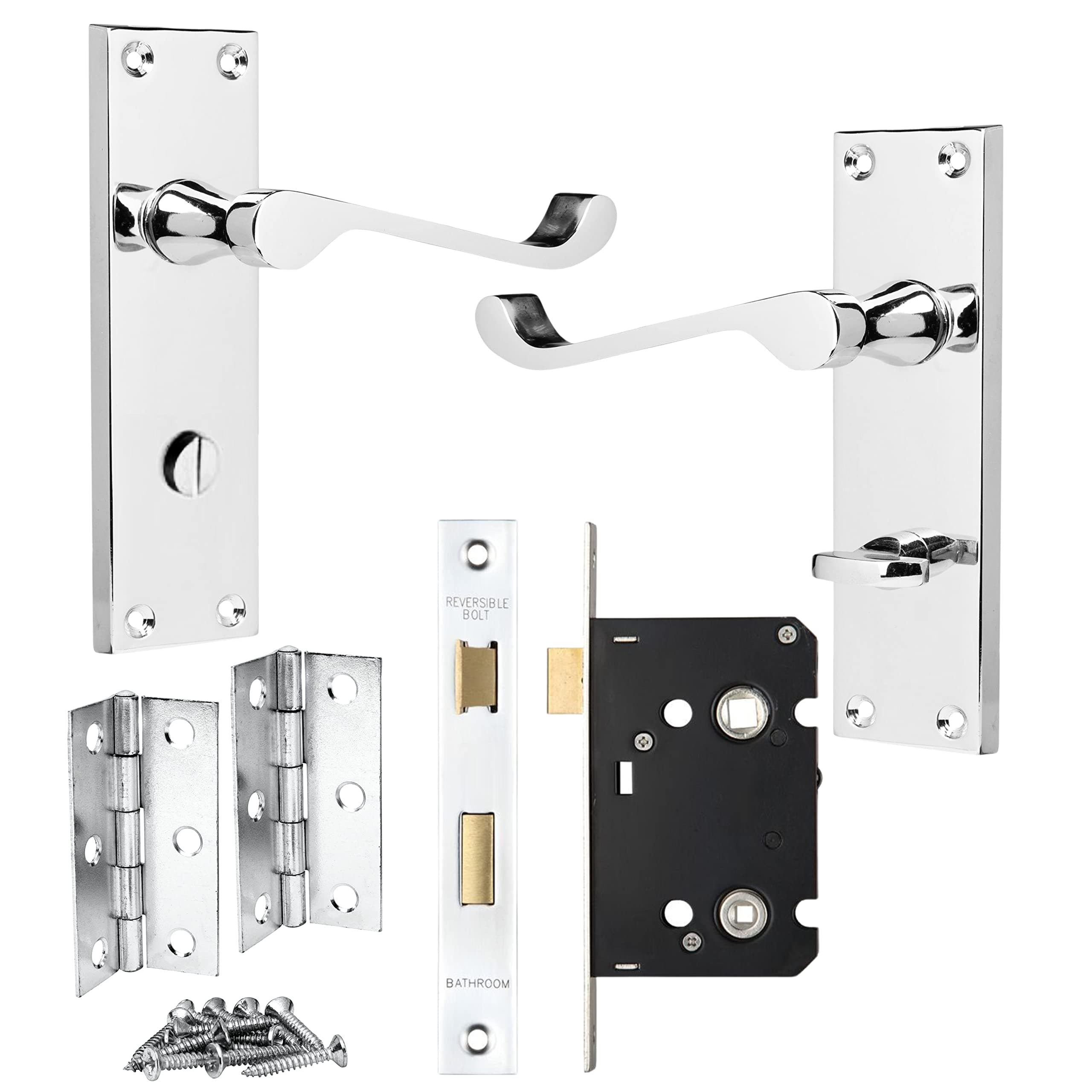 IRONZONE Victorian Scroll Lever Door Handles Polished Chrome Pack Set (Victorian Scroll Lever Bathroom Door Handle Set)