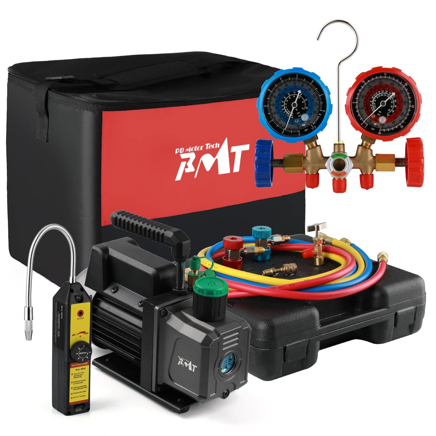 PB Motor TECH 4.5CFM 1/3HP Vacuum Pump with 3-Way AC Manifold Gauge Set for R134a R12 R22 R502 - Includes Leak Detector, R134a Puncture Can Tap, and More