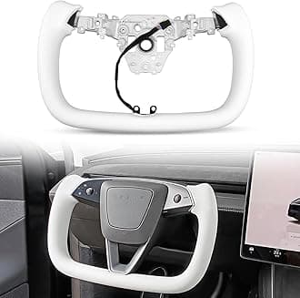 Yoke Steering Wheel Personalized for Tesla Model Y Juniper 2025, Nappa Leather for Tesla Model Y Accessories With Heating Function No Front Trim (White Nappa, Glossy Carbon Fiber)