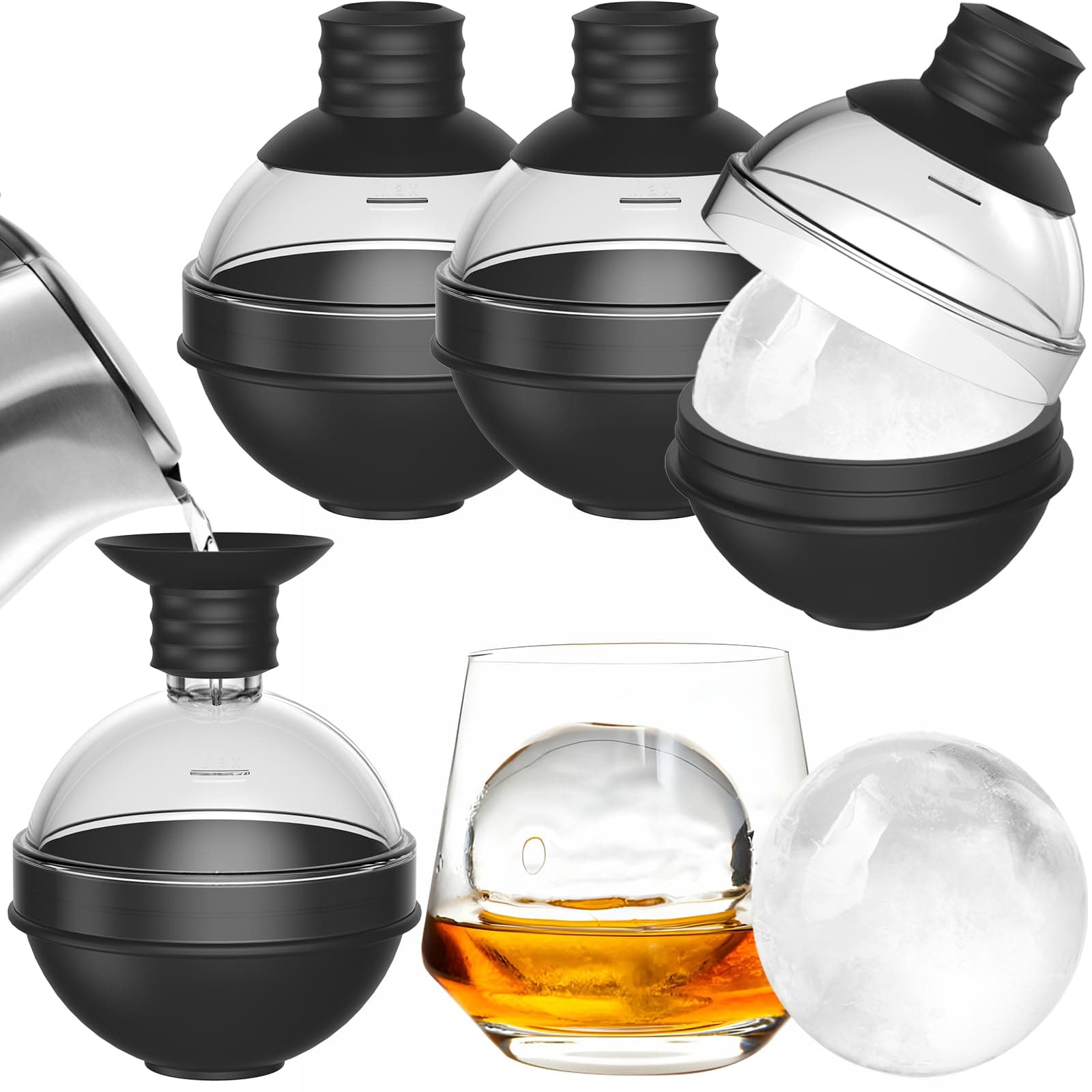 - Large Round Ice Ball Maker Mold Silicone for Whiskey - Set of 4 with 2-in-1 Funnel Lid - 2.4 Inch Big Sphere Ice Mold for Cocktails Bourbon - Easy Release - Perfectly Round Ice Cube Tray