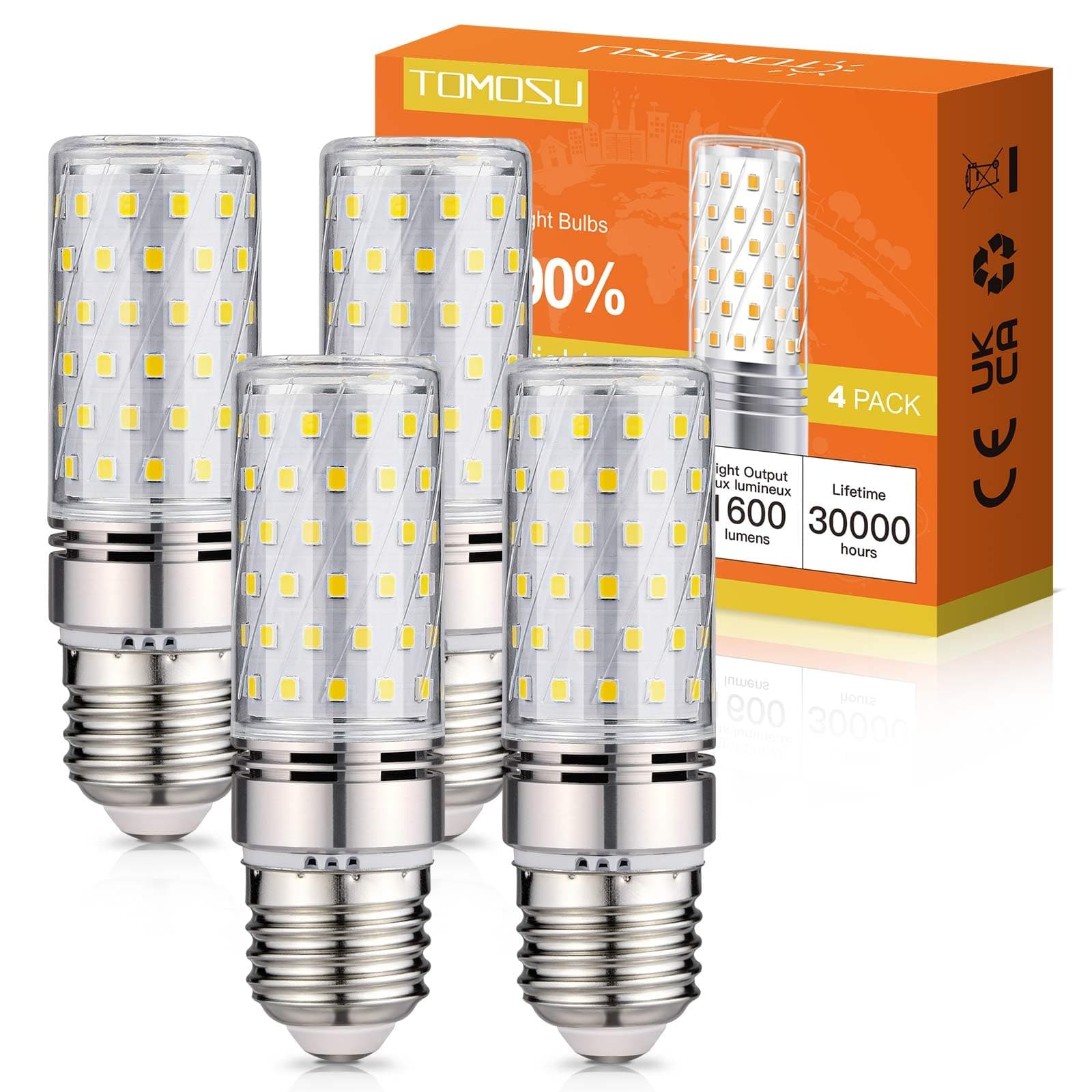 Tomosu E27 LED Light Bulb Cool White 6000K 1600LM 16W E27 Equivalent 150W Halogen Lamp AC 220-240V Non-Dimmable Large Screw E27 Corn LED Light Bulbs, Pack of 4
