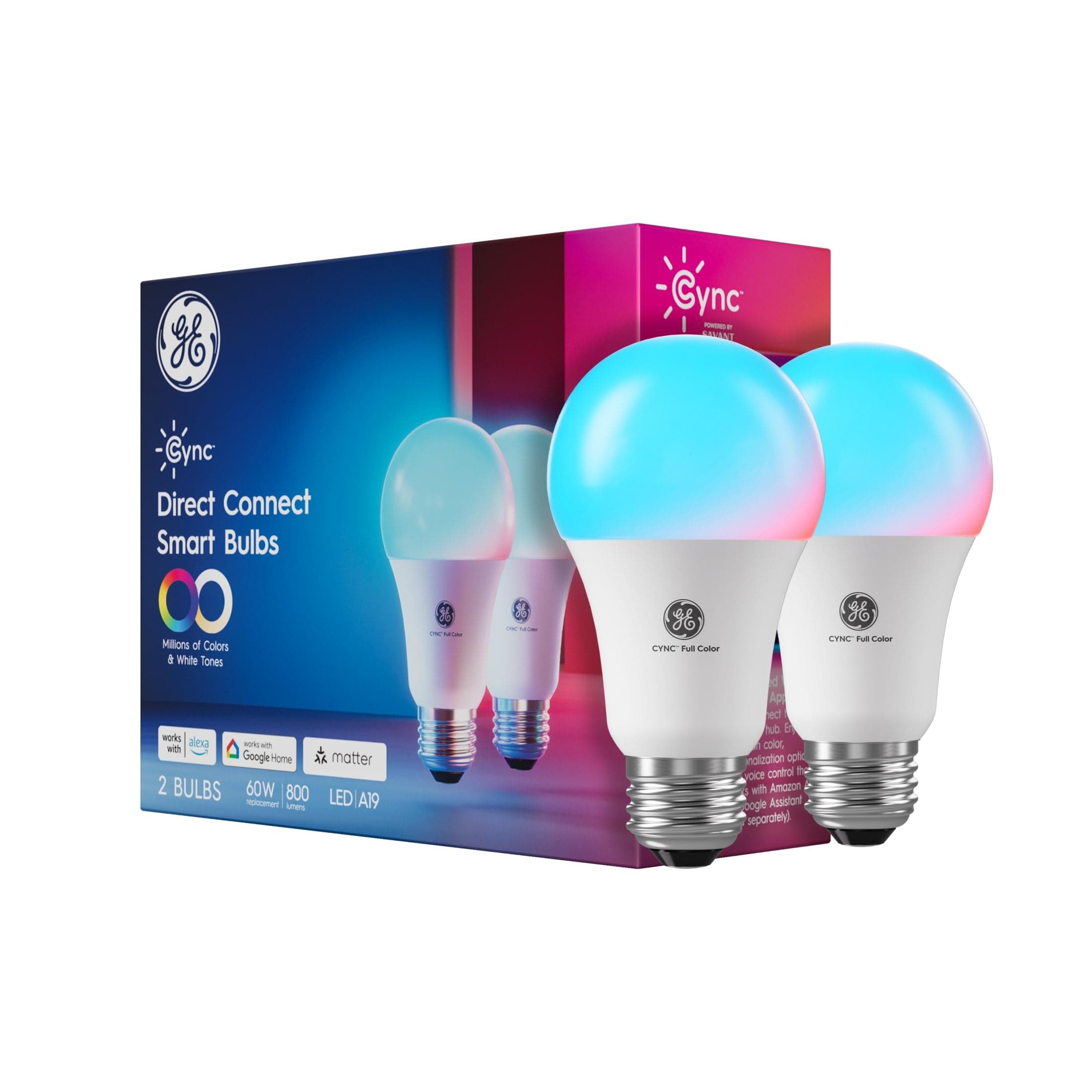 Cync GE A19 LED Smart Light Bulbs, Room Decor Aesthetic Bluetooth and WiFi Color Changing Lights, LED Indoor Light Bulb, Compatible with Alexa and Google (2 Pack)