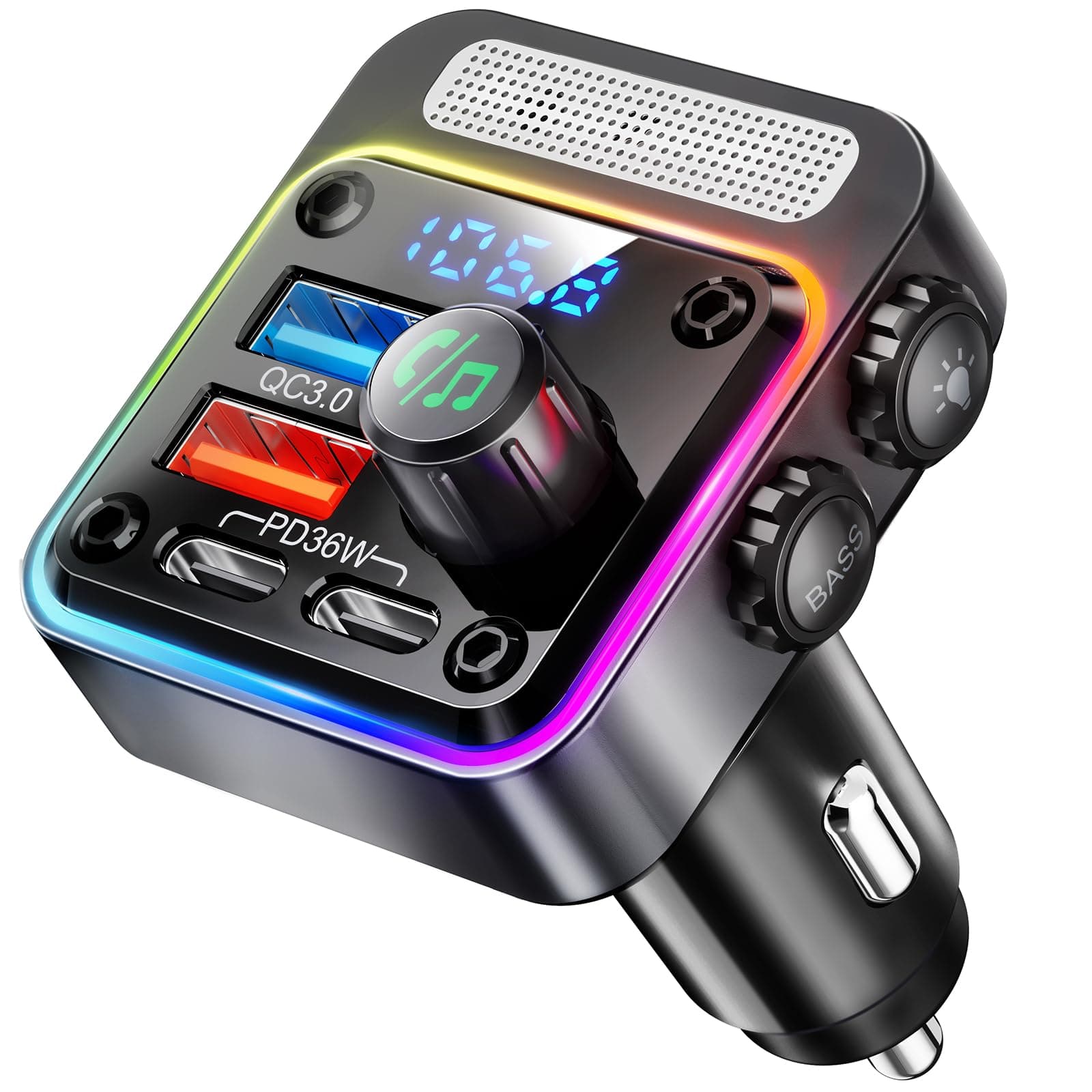 54W Bluetooth 5.3 Car Adapter with 4 Charging Ports [PD 36W & QC3.0 18W], Wireless Radio FM Transmitter with Deep Bass Player & 5 Colors LED Backlit, Hands-Free Calling - NX16 Black