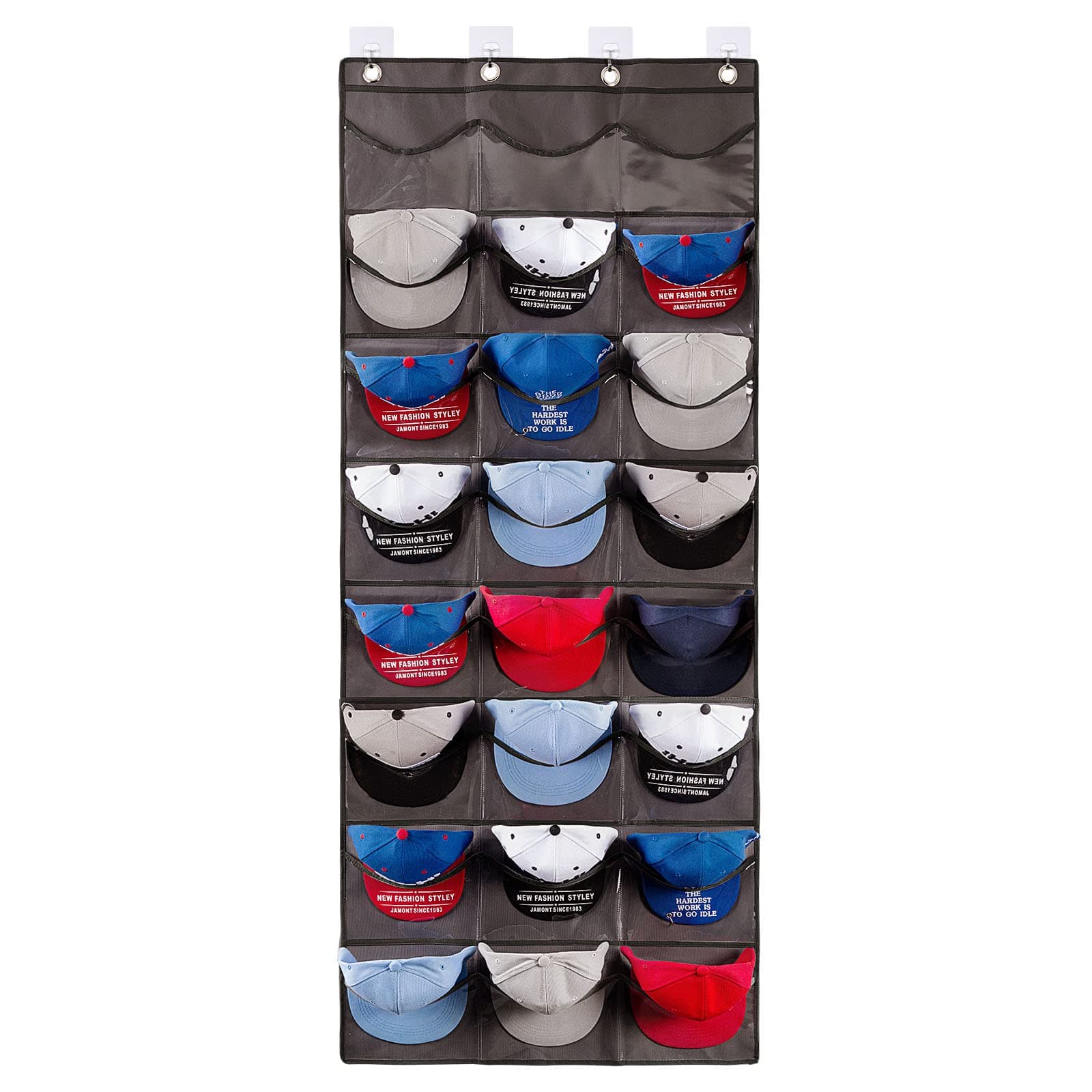 IREENUO Hat Rack for Baseball Caps, Cap Organizer with 24 Clear Deep Pockets, Hat Holder for Storage and Display, 4 Door & Wall Hooks Included, Dark Gray
