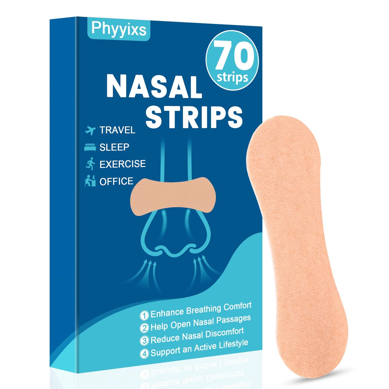 70 Pcs Nasal Strips，Extra Strength, Sweat-Proof Adhesive Performance Nose Strips for Breathing, Snoring, Sleeping, and Sports(Universal Fit Men/Women，Natural Color)