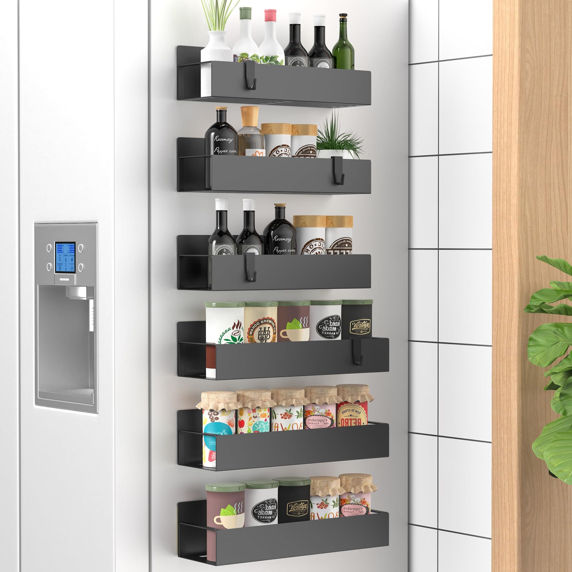 6 Pack Magnetic Spice Storage Rack Organizer for Refrigerator and Oven, Matt Black Fridge Organizers and Storage