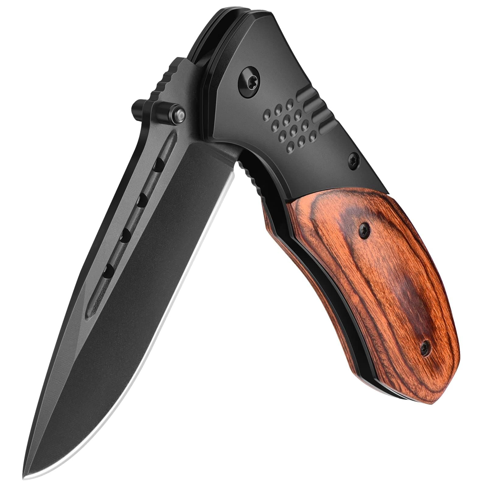 KEXMO Pocket Knife for Men - Sharp Blade Wood Handle Pocket Folding Knives with Clip, Glass Breaker - EDC Knives for Survival Camping Hunting Fishing Hiking Women, Large, Black