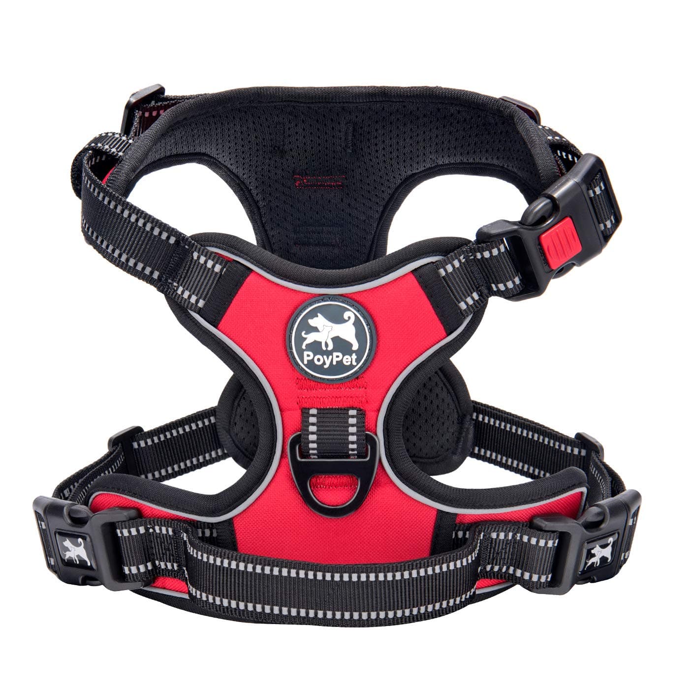 PoyPet No Pull Dog Harness, No Choke Front Clip Dog Reflective Harness, Adjustable Soft Padded Pet Vest with Easy Control Handle for Small to Large Dogs(Red,L)