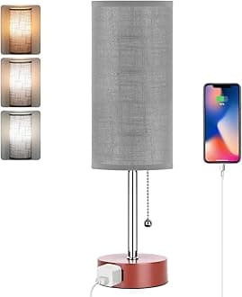 Dott Arts Table Lamp for Bedroom, 3-Color Bedside Lamps with Pull Chain, Bedroom Table Lamps for Nightstand,AC Outlet Small Lamp for Living Room, Bulb Included Grey Striped