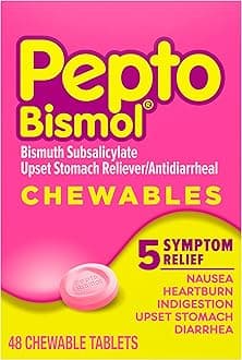 Pepto Bismol Chewable Tablets for Nausea, Heartburn, Indigestion, Upset Stomach, and Diarrhea - 5 Symptom Fast Relief, Original Flavor, 48 ct