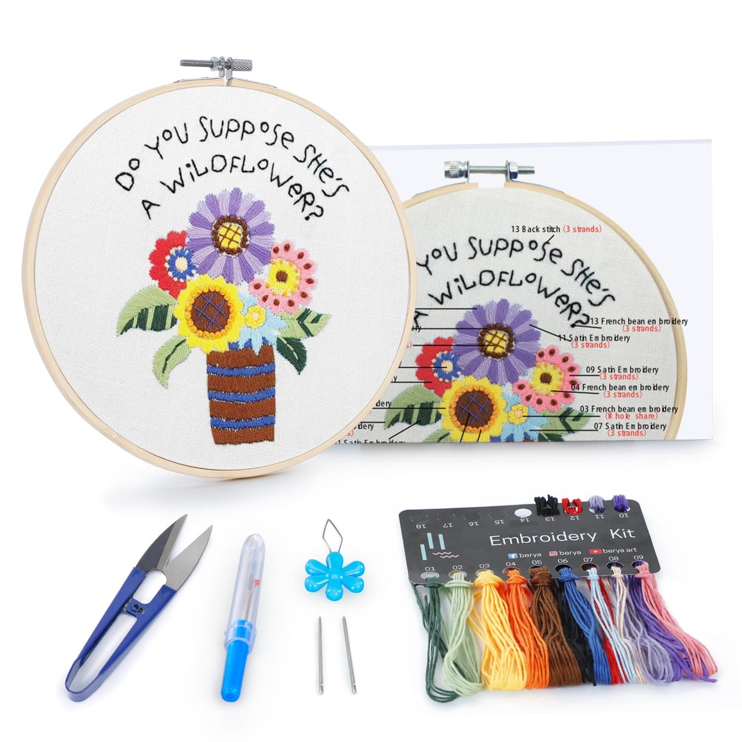 BERYA Flowers Embroidery Kit Including Video Step by Step Instructions,Embroidery Hoop,Color Threads and Embroidery Scissors for Beginners-Handmade Needlepoint Kits for Adults