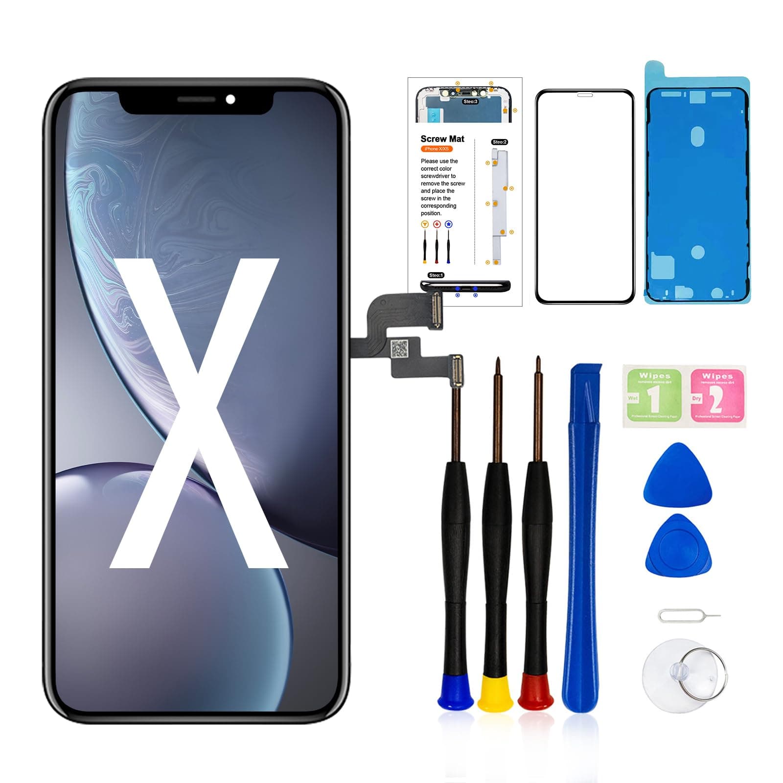 for iPhone X10 Screen Replacement ，5.8 inch LCD Display 3D Touch Screen Digitizer Assembly,Compatible with iPhone X 10 Screen Replacement Kit (A1865,A1901,A1902) with Repair Tools Kit +Tempered Glass