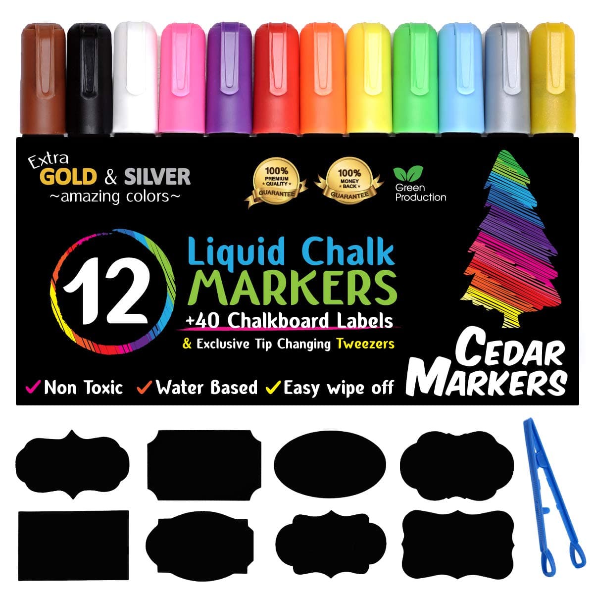 Liquid Chalk Markers - 12 Pack With 40 Chalkboard Labels - Bold Neon Color Pens Including Gold And Silver Paint. Dry Erase Markers for Windows, Glass, Chalkboard with Reversible Tip.