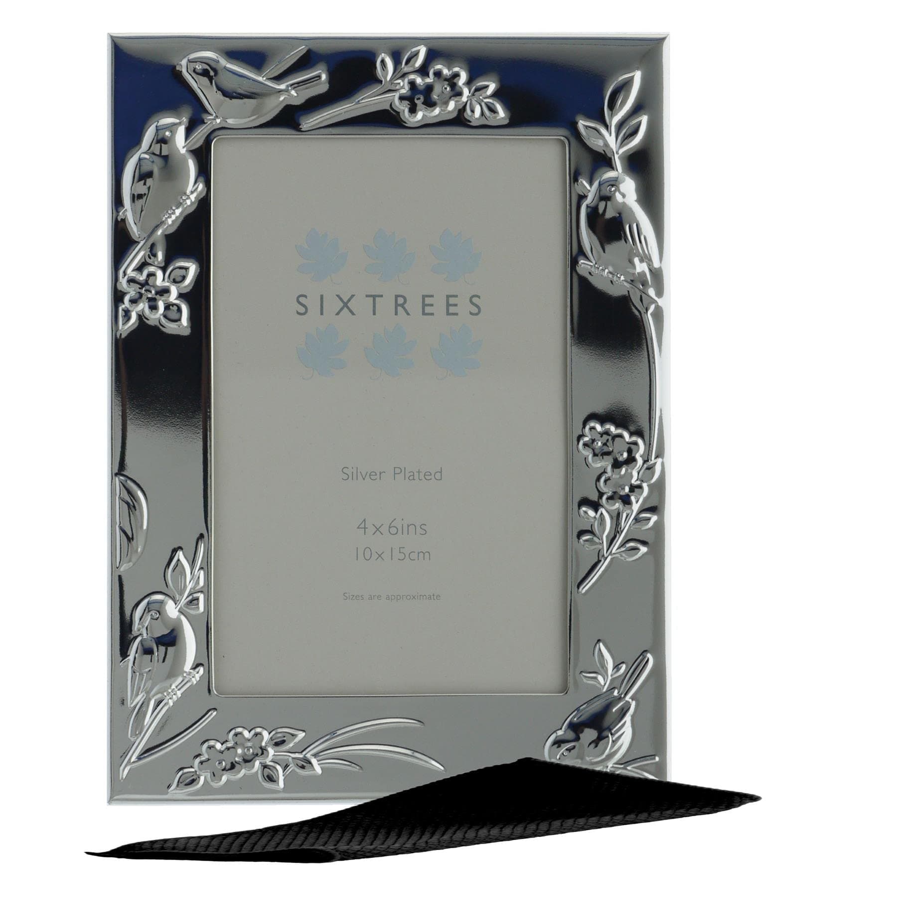 Sixtrees Higgins 6-339-46 Embossed Silver Plated 4 x 6 inch Photo Frame featuring birds. Complete with Microfibre Polishing Cloth.