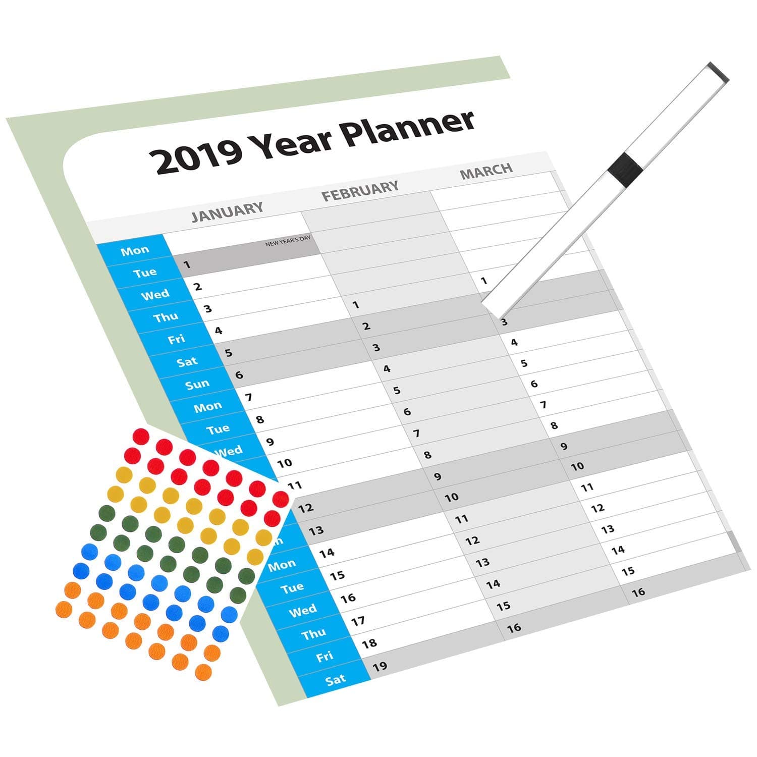 2019 Anual Wall Calendar Planners, Laminated (Blue A2 FOLDED)