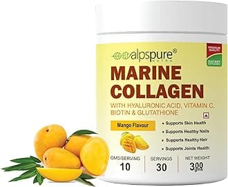 Alpspure Nutra Marine Collagen/Fish Collagen Powder (300 G) with Hyaluronic acid, Vitamin C, Biotin & Glutathione | Supports Healthy Skin, Hair, Nails & Joints | Mango Flavour | For Men & Women