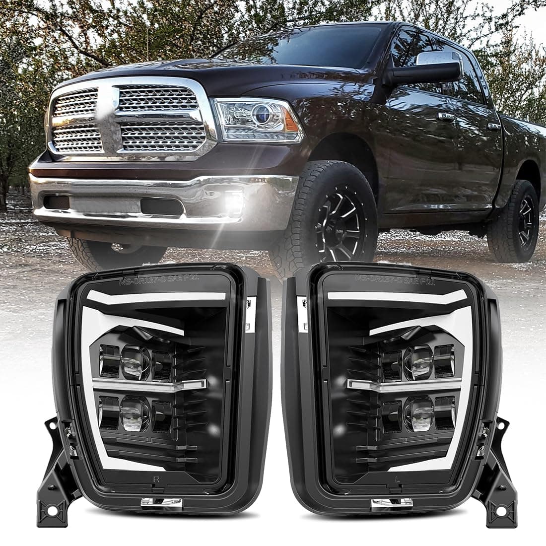 4X4FLSTC LED DRL Fog Lights Assembly Kit Replacement Compatible with Dodge Ram 1500 2013 2014 2015 2016 2017 2018 and 2019 2020 Classic Model Driving Lamps - Black
