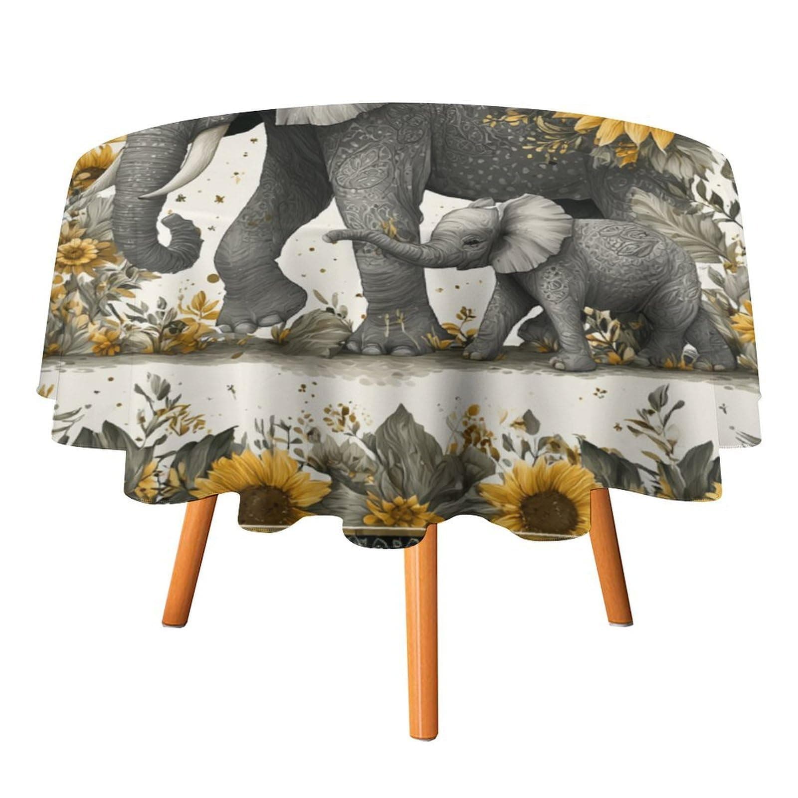 Realistic Cute Elephant Round Table Cloth,Rustic Colorful Spring Garden Elephants Butterfly Floral Sunflowers Polyester Dining Tablecloths Decor Decoration 50"