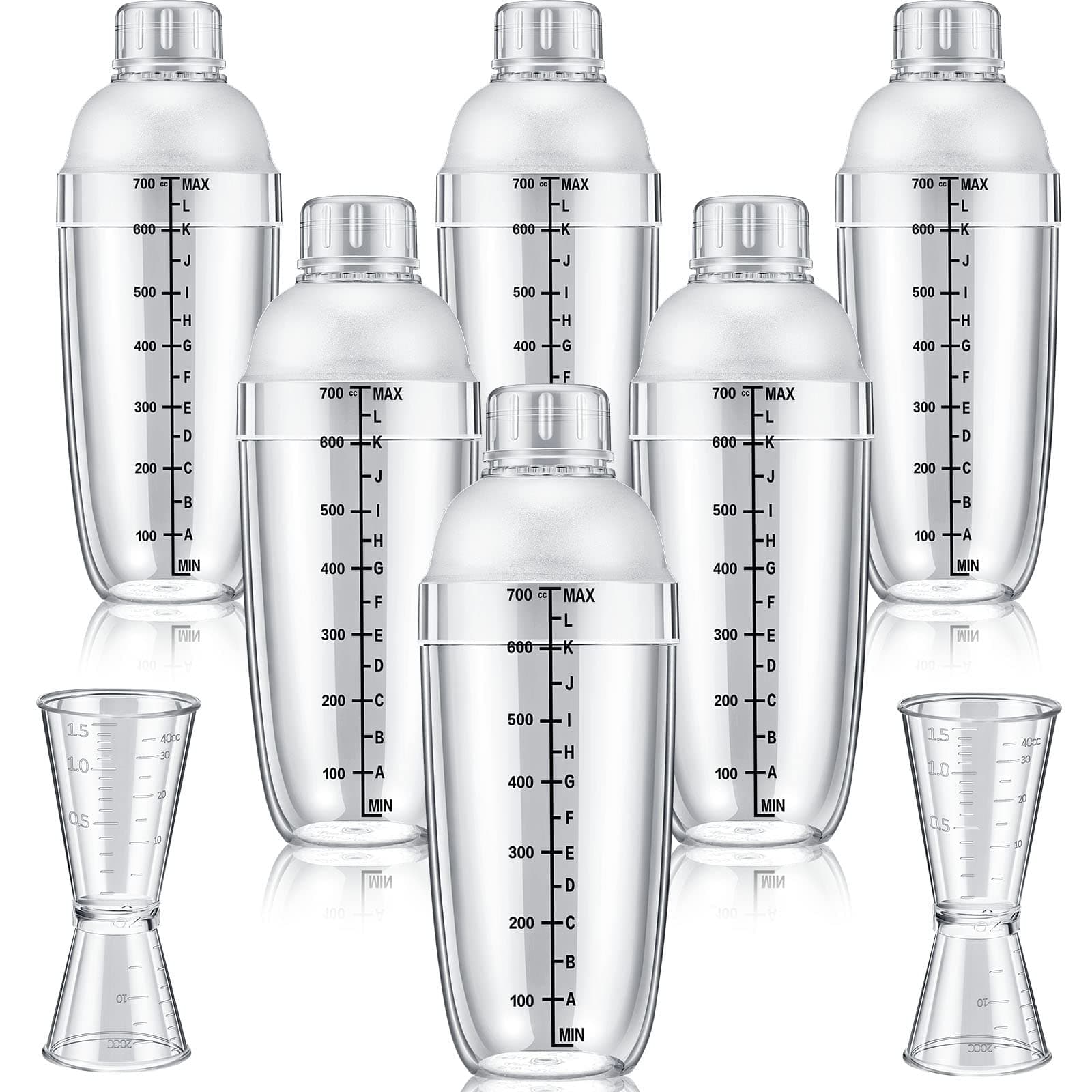 8 Pcs Plastic Cocktail Shaker Set 6 Pcs 24 oz Drink Shaker 2 Pcs Double Measuring Jigger Clear Plastic Bottle Tea Drink Mixer Cocktail Measuring Cup for Kitchen Bar Party Tools