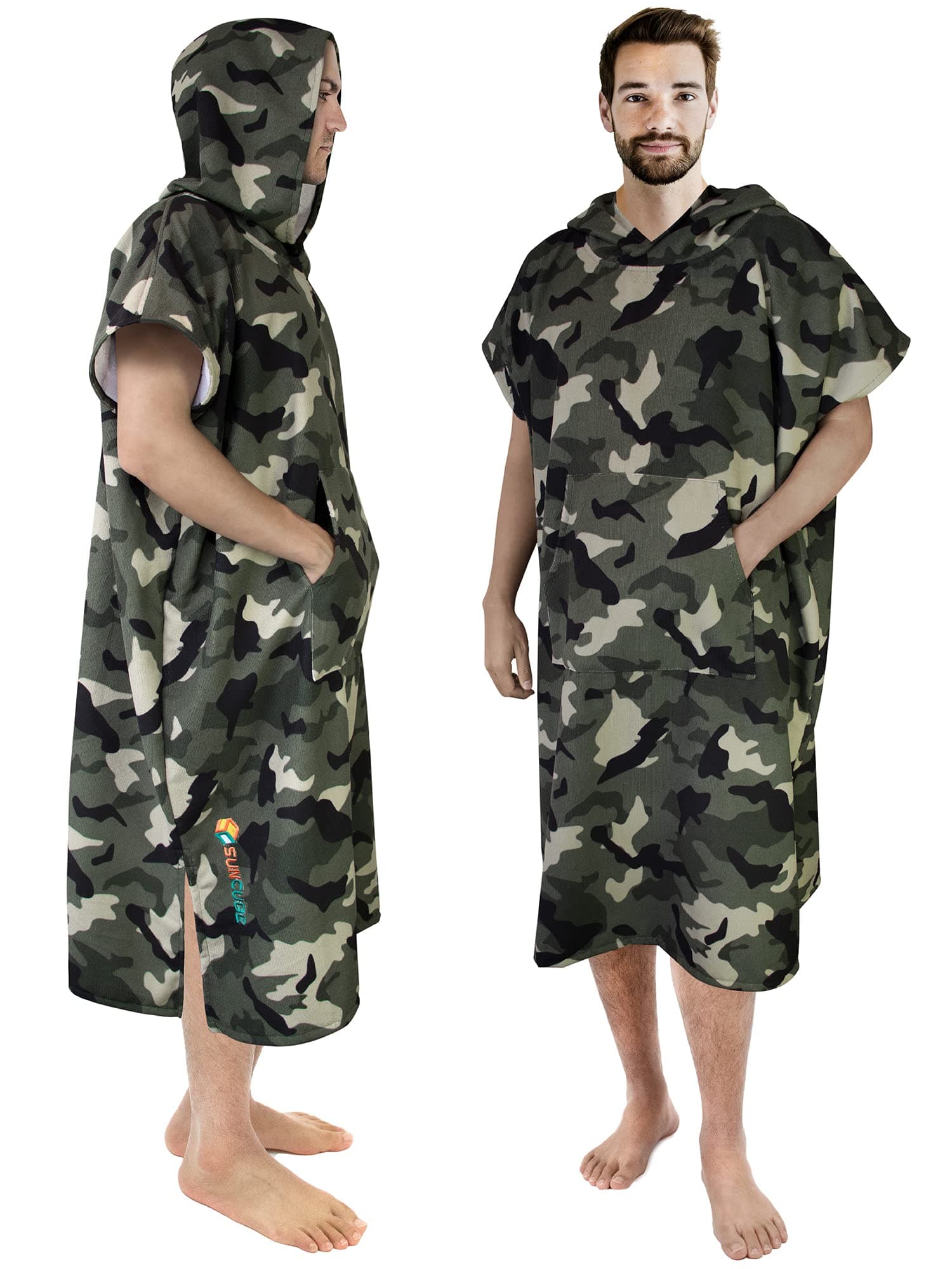 SUN CUBE Surf Poncho Changing Robe with Hood | Thick Quick Dry Microfiber Wetsuit Changing Towel for Surfing Beach Swim Outdoor Sports - Camo Green
