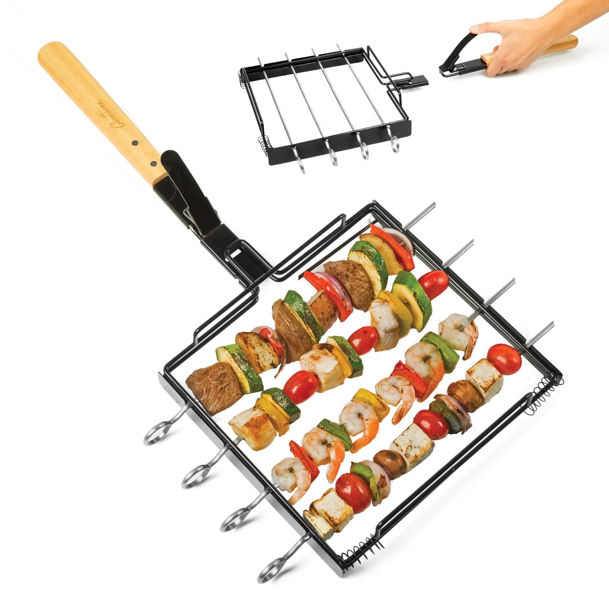 Camerons BBQ Skewer Rack Set - Includes Detachable Handle & 4 Non-Stick Stainless Steel Skewers for Grilling Barbecue Shish Kabobs, Meat, Vegetables & More - Grilling & Cookout Essential