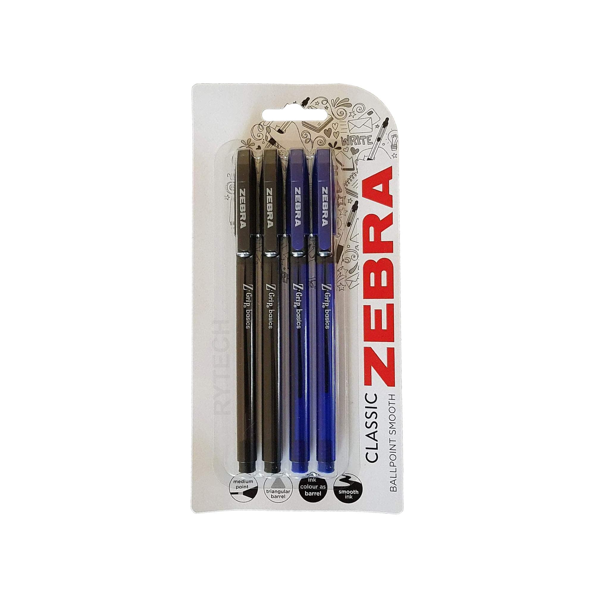 Z-Grip Basics Ballpoint Smooth Pen, Medium Point, 1.0mm, Assorted Ink Colors, 4-Pack