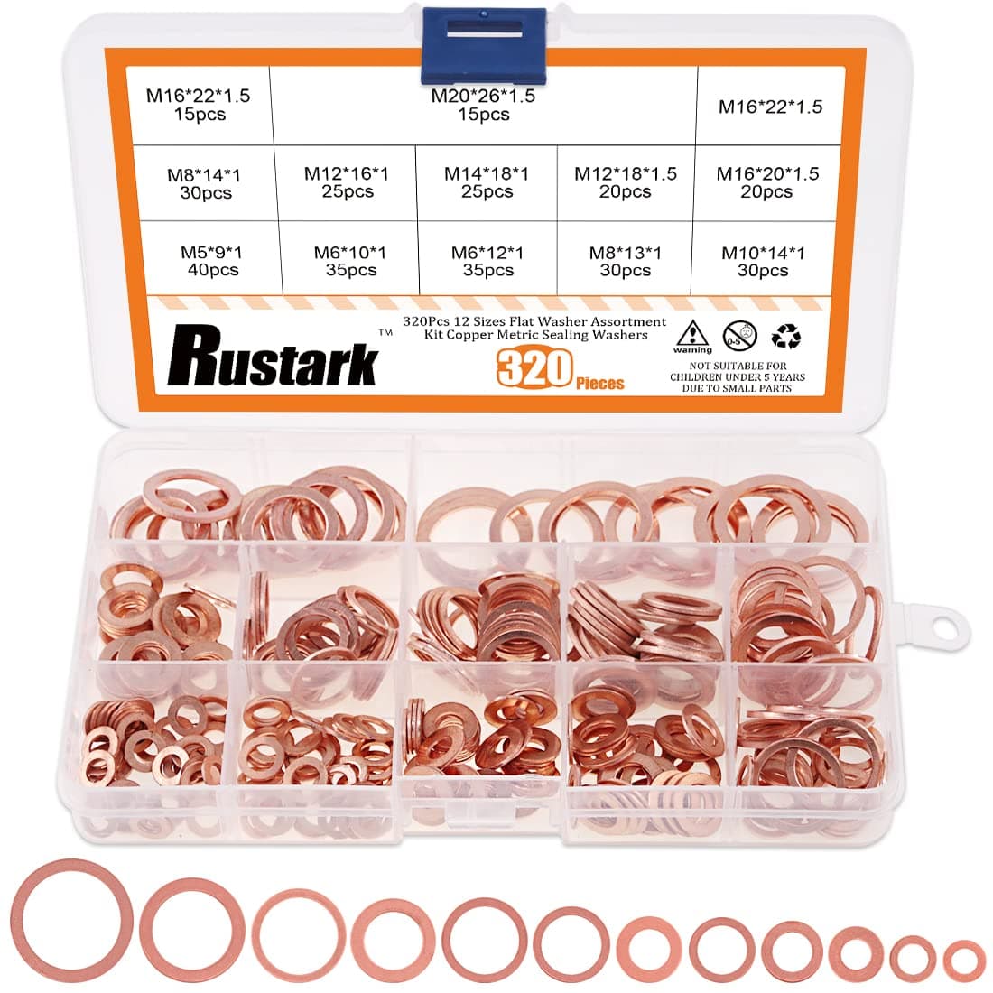 320 Pcs Copper Flat Washers Assortment Kit Metric Sealing Washers M5 M6 M8 M10 M12 M14 M16 M20(12 Sizes)