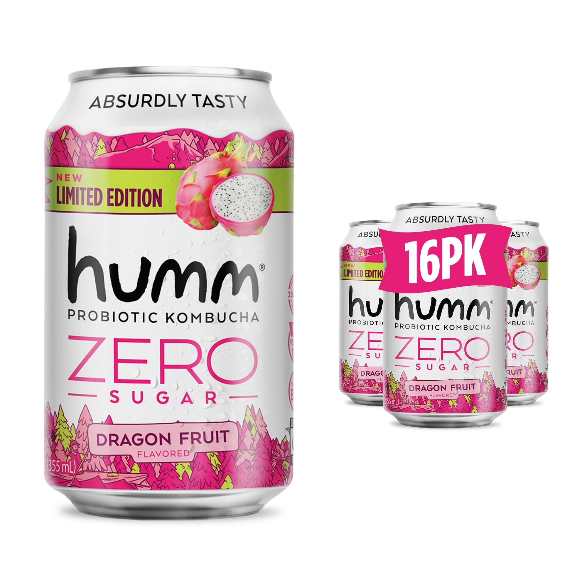 Humm Probiotic Kombucha Zero Sugar Dragon Fruit, No Refrigeration Needed, Keto Friendly, Organic, Vegan, Gluten Free, 12oz Cans (16 Pack)