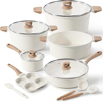 Nonstick Pots and Pans Set, Cookware Set Induction Kitchen Cooking Set w/Stock pot & Saucepans, White Granite 13pcs