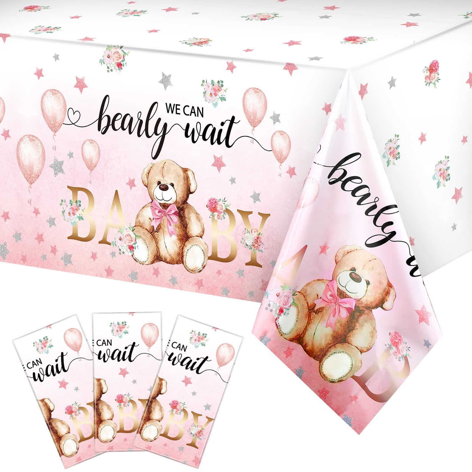Tegeme Bear Baby Shower Tablecloth Plastic Bear Table Cover We Can Bearly Wait Baby Tablecloth Bear Balloon Star Flower Table Cover for Kids Birthday Party and Baby Shower, 54 x 108 Inch (Pink,3 Pack)
