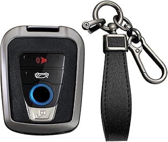KUNIO Leather Metal Car Key Fob Cover Case Fit for BMW I3 I8 2014-2022 Key Fob Shell Protetcor with USA Flag Keychain Accessories 4 Button B Gun Black