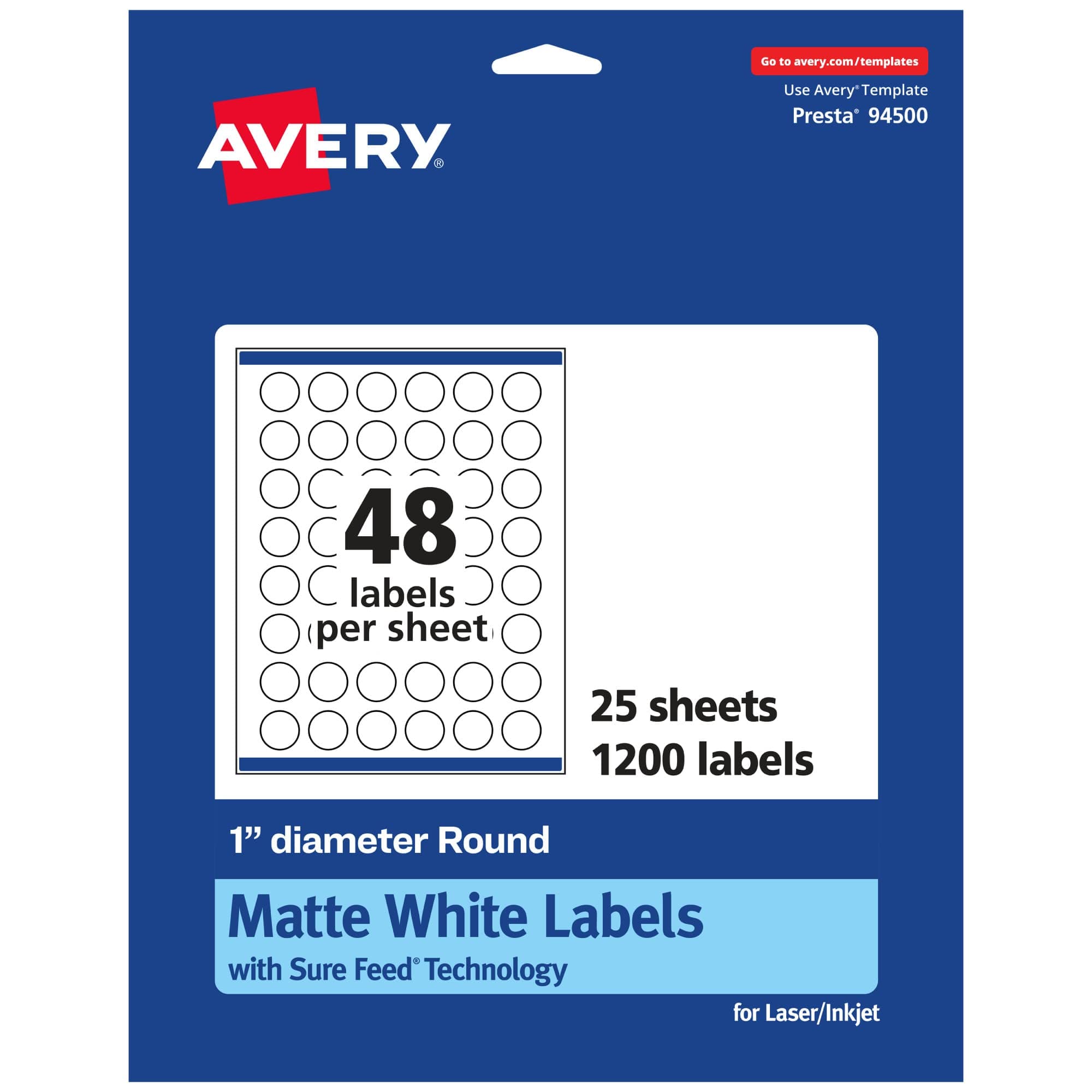 Avery Matte White Round Labels, Sure Feed Technology, 1" Diameter, 1,200 Matte White Printable Labels