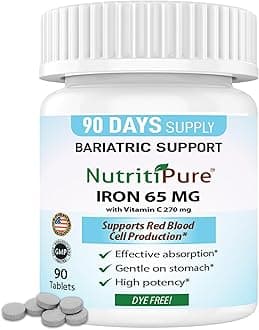 Carbonyl Iron Tablet 65 mg with 270 mg Vitamin C |90 Days Supply | for Women/Men | High Potency Bariatric Vitamins for WLS Patients Including Gastric Bypass | Dye Free (Pack of 1)