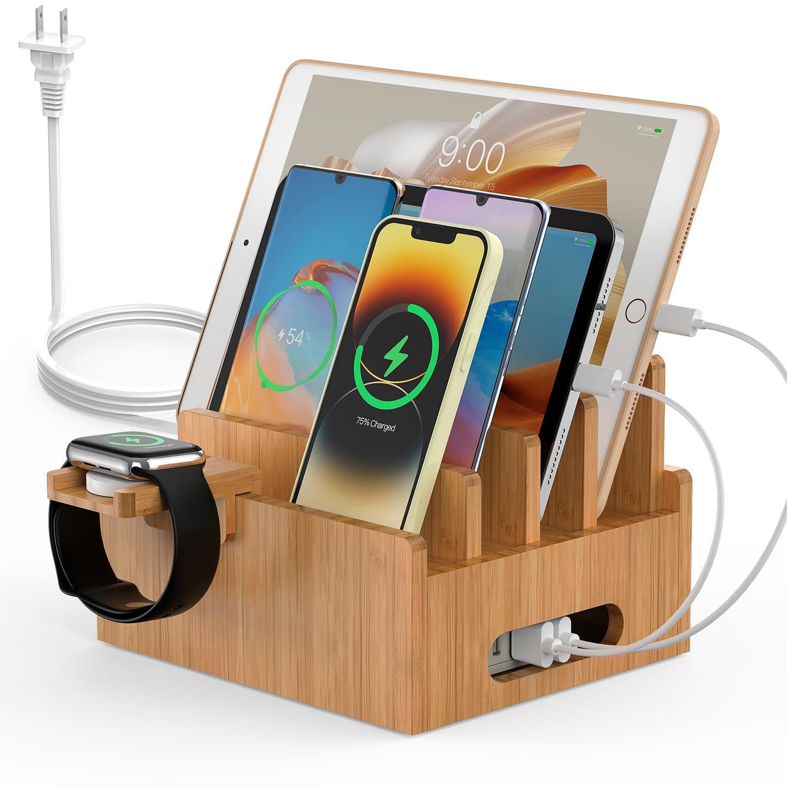 Pezin & Hulin Bamboo Charging Stations, Cell Phone Organizer for Multiple Devices, Tablets, Smart Watch, Included 5 Port USB Charger, Pack 5 Cables
