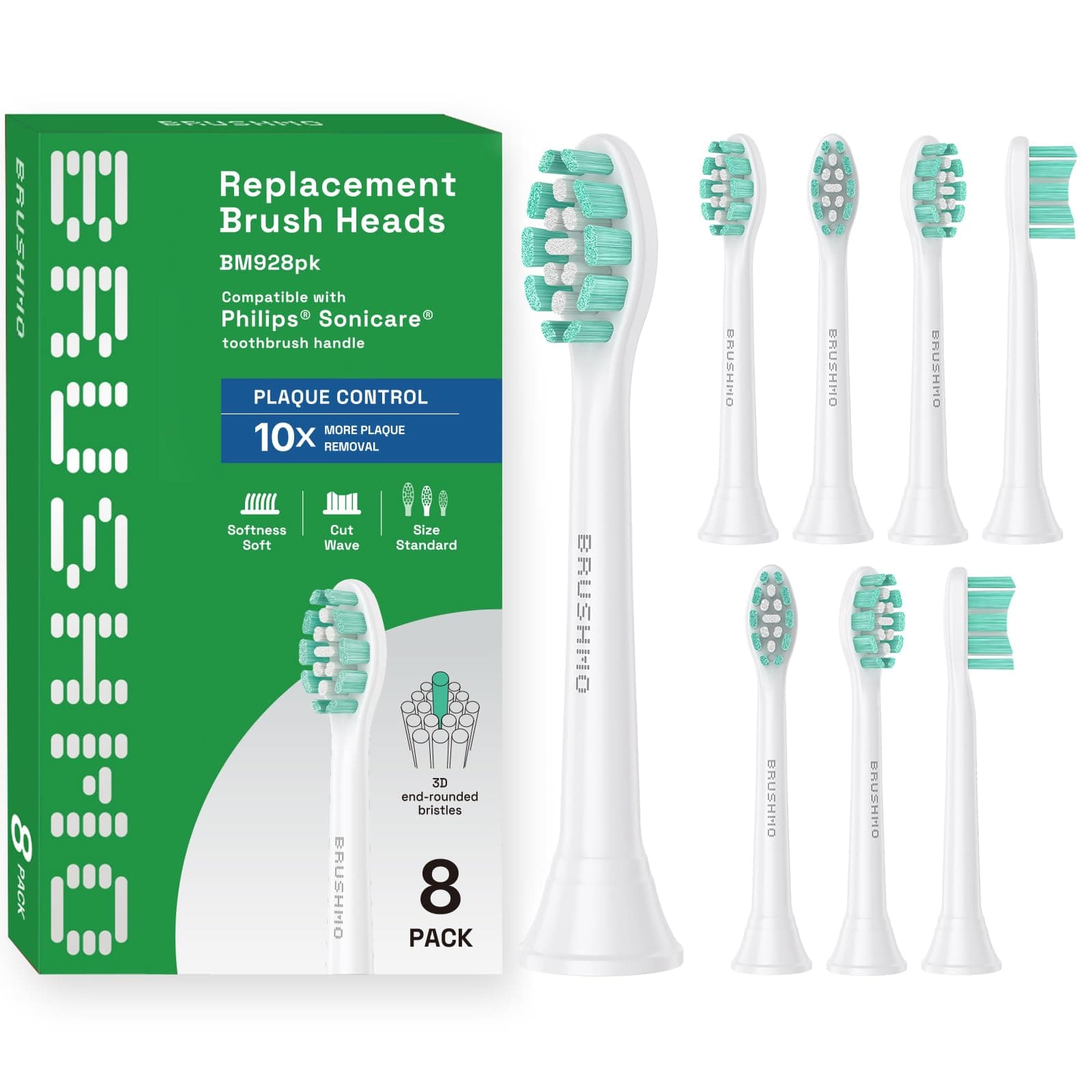 Brushmo Plaque Control Replacement Toothbrush Heads, Compatible with Philips Sonicare Click-on Electric Toothbrush Handles, 8 Standard Replacement Heads, Soft Dupont Bristles, BM928, White