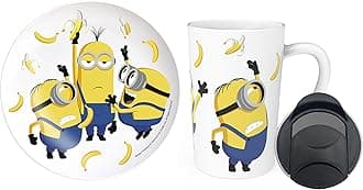 Zak DesignsMinions: The Rise of Gru Ceramic Latte Mug and Plate for Coffee, Tea, Breakfast or Dessert with Travel Mug Lid, 2-Piece Set,17 Fluid Ounces