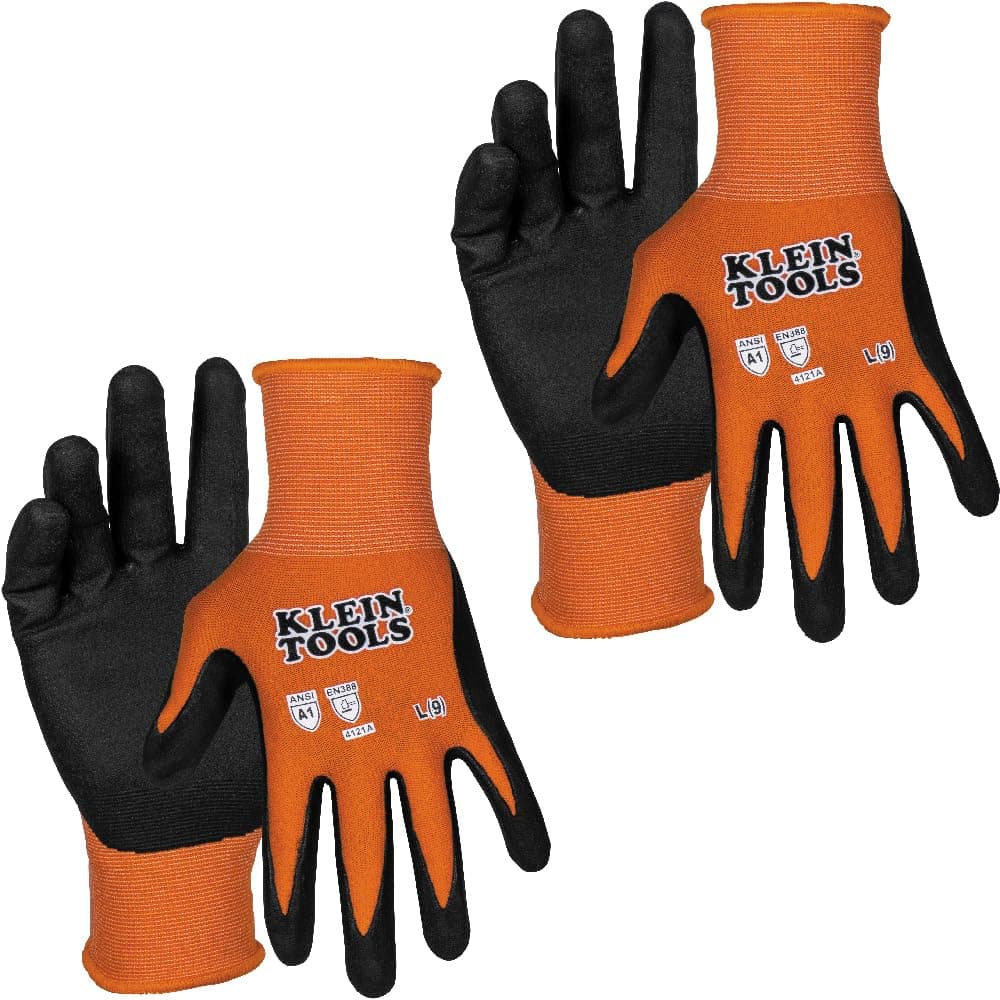 KLEIN TOOLS 60581 Work Gloves, Knit Dipped Cut Resistant ANSI A1 Nitrile Coated Gloves, Nylon-Spandex, Touchscreen Capable, Large, 2-Pair
