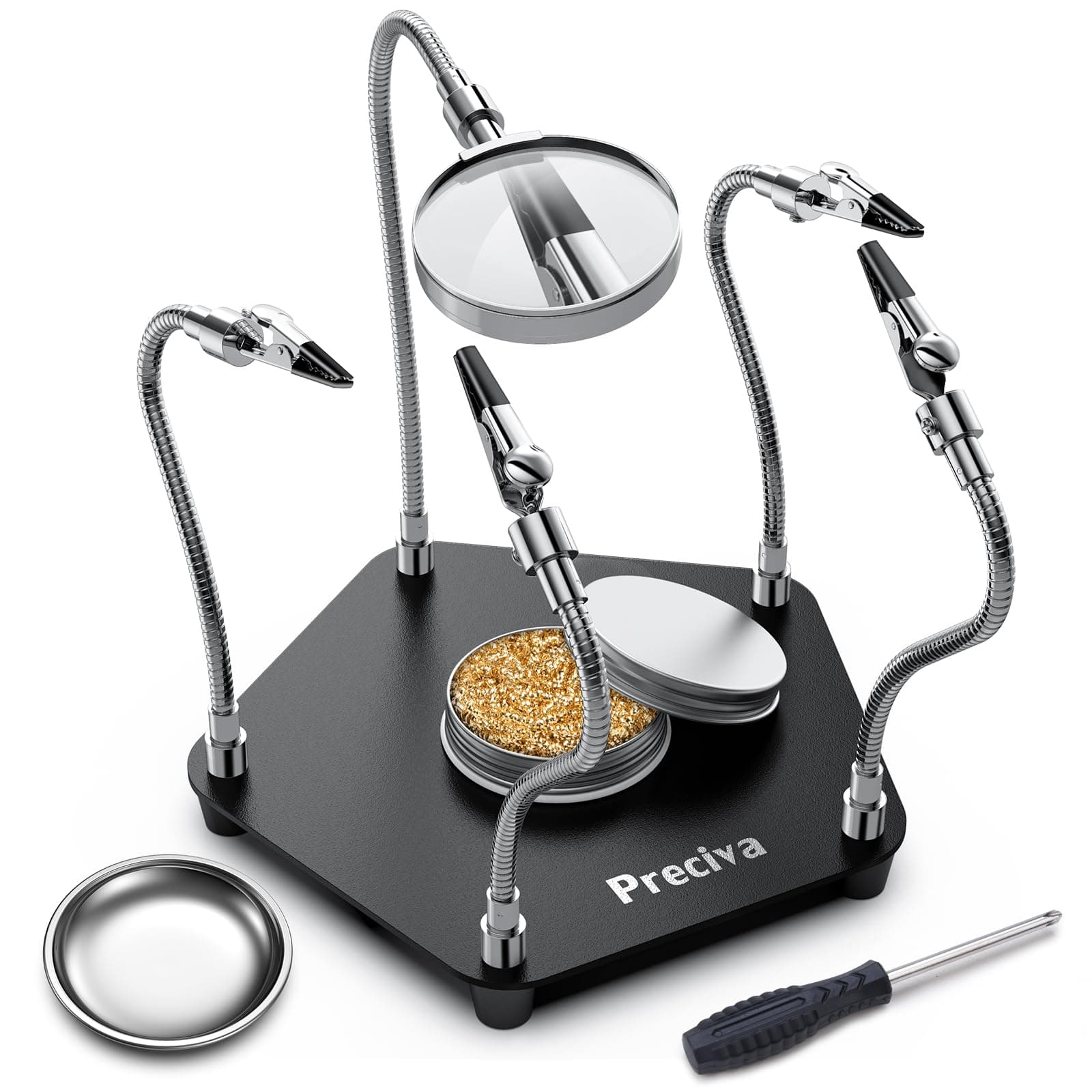 Third Hand Soldering Tool, Preciva Magnetic Helping Hands for Assembly, 4 Flexible Welding Auxiliary Alligator Clamps and Magnifying Glass, Clamp Toolkit with Sturdy Base for Repair
