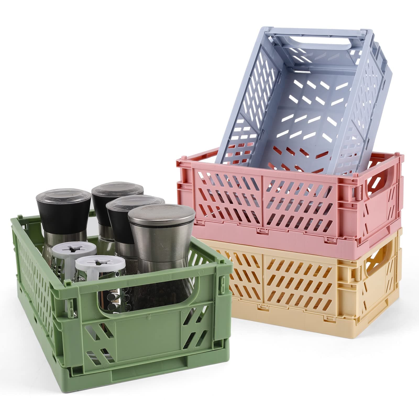 4-Pack Plastic Baskets for Shelf Storage Organizing, Durable and Reliable Folding Storage Crate, Ideal for Home Kitchen Classroom and Office Organization, Bathroom Storage (9.8 x 6.5 x 3.8 inches)