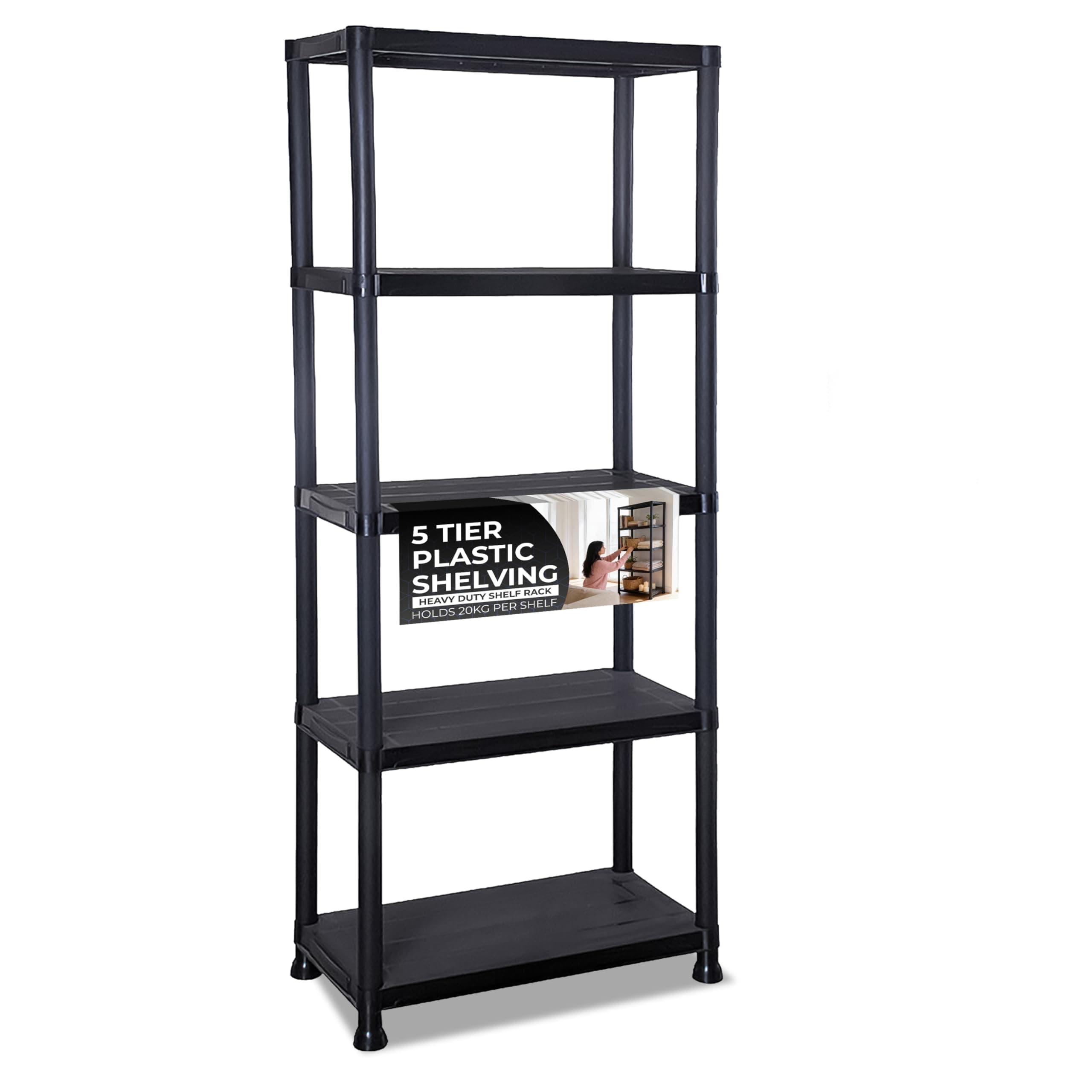 Crystals 5 Tier Plastic Shelving Unit | Garage Shelving Units | Heavy Duty Racking Shelving & Storage | Multipurpose Plastic Storage Shelves for Garage, Warehouse, Workshop, Sheds and Office - Black
