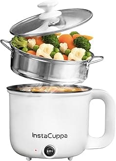 InstaCuppa - 3 in 1 multi cooker kettle with steam, 1.2L inner pot, adjustable temperature settings, wide mouth, great for boiling milk, tea, coffee, eggs and steamed vegetables, 600