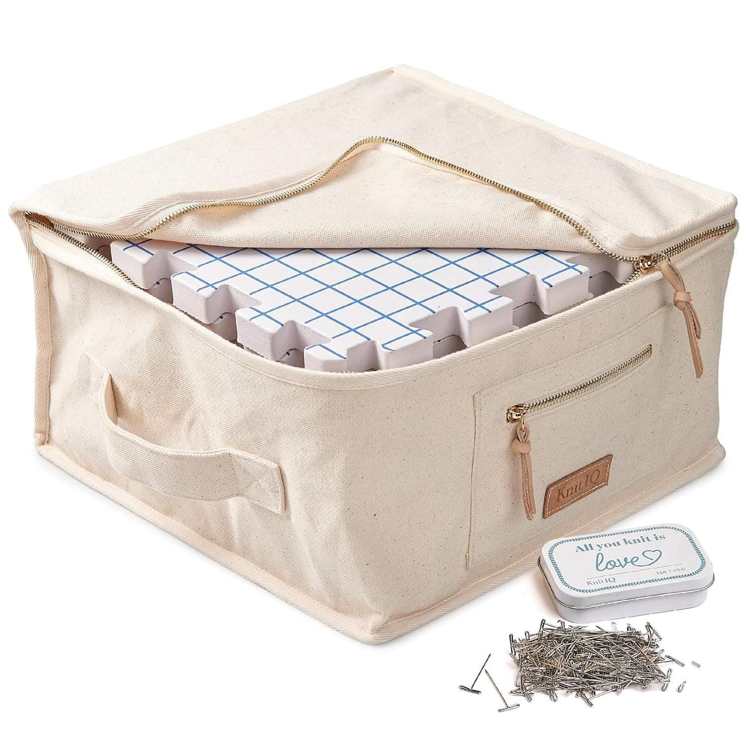 KnitIQ Blocking Mats for Knitting Premium Set – Extra Thick Blocking Boards with Grids, 150 Strong and Rustproof T-Pins in Artisan Tin, Quality Knitting Bag for Needlework or Crochet – Pack of 9