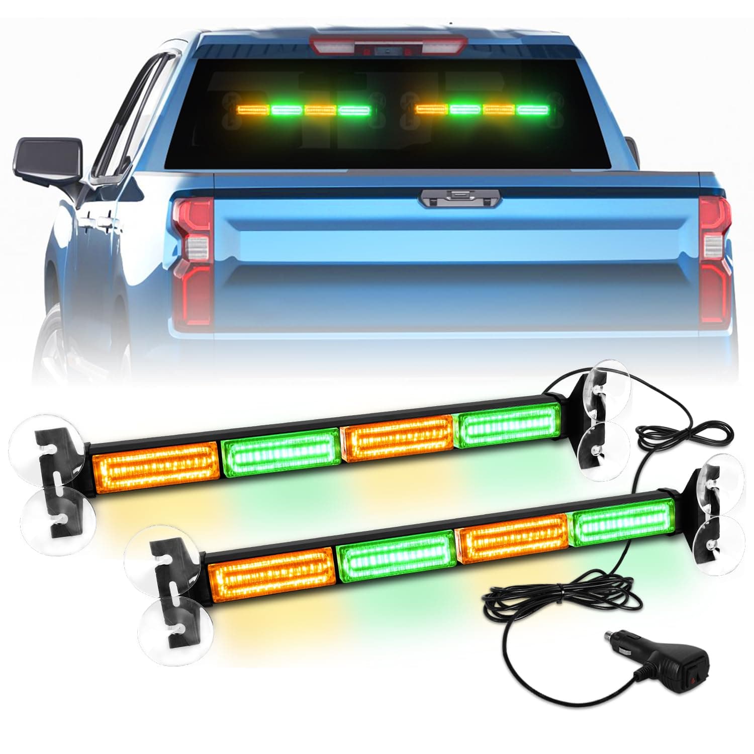 LRTER Emergency Dash Strobe Lights Warning Hazard Safety Front/Rear Interior Windshield Lights w/Suction Cups Deck Split Mount for Vehicles Trucks Volunteer Vehicles 2x17.7, Amber/Green