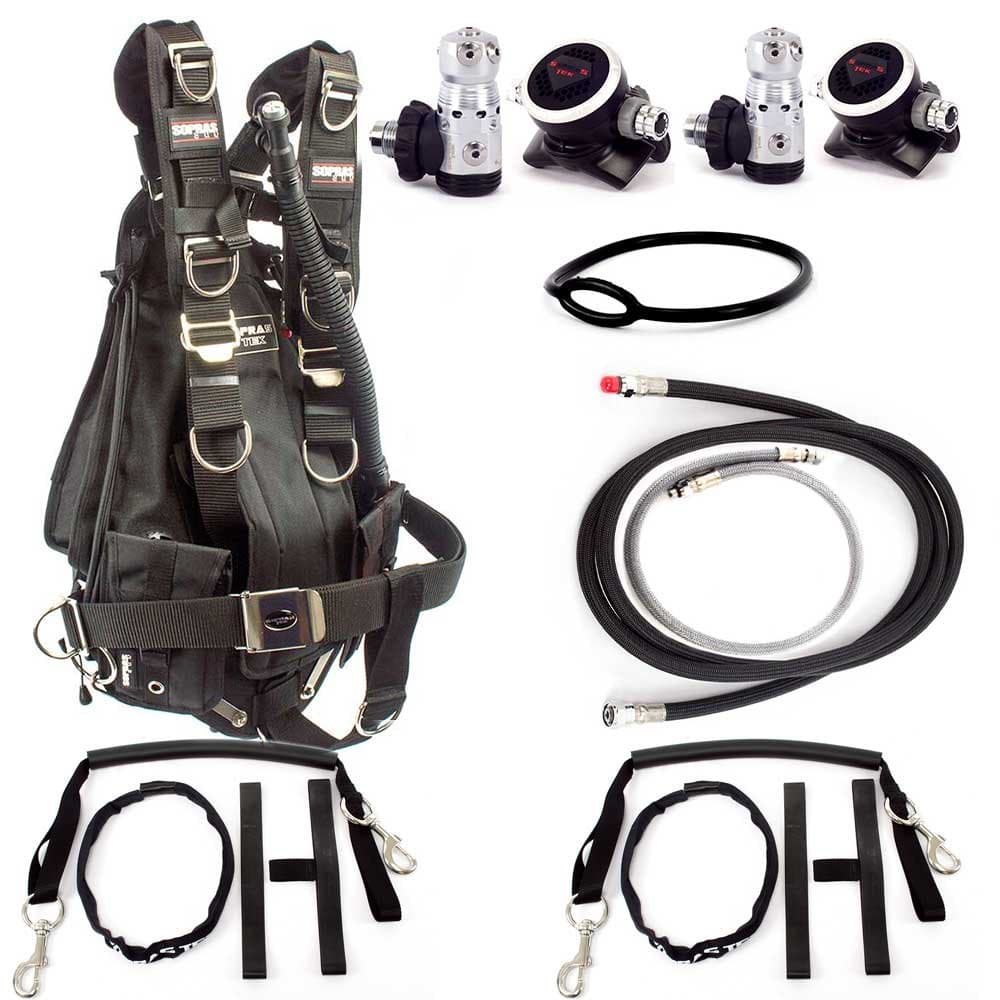 SOPRAS TEK Technical Dive SIDEMOUNT Package - Side Mount BCD Two Regulators Set Swivel Two Stage Bottle Rigging {82in - 210cm} Black Braided LP Flex Hose { 28in - 72cm} Gray Braided LP Flex Hose