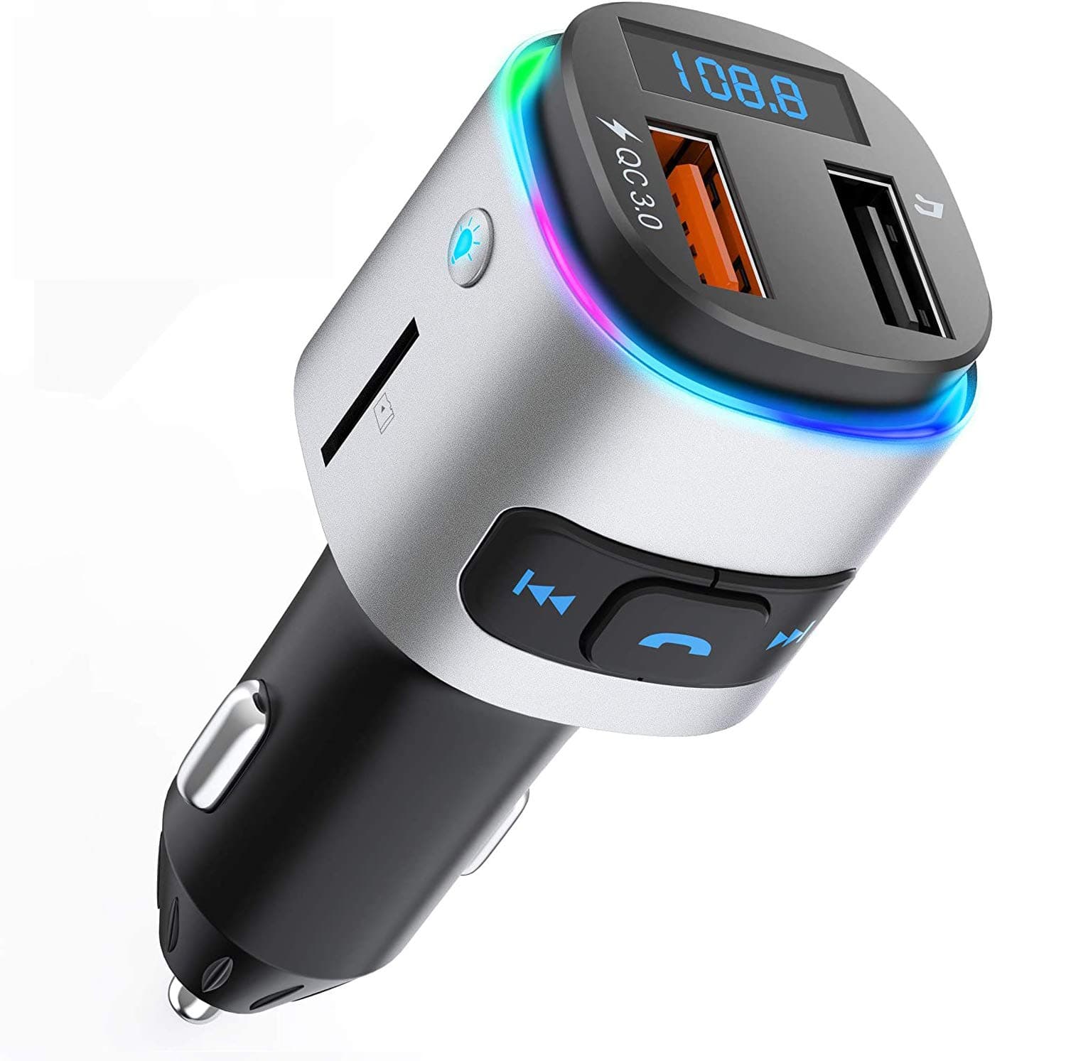 (Updated) Bluetooth 5.0 Car FM Transmitter, ESOLOM QC3.0 Fast Charge Car Charger, Radio Transmitter Wireless Handsfree Car Kit, Dual USB Ports, Support U Disk TF Card with Colorful Light