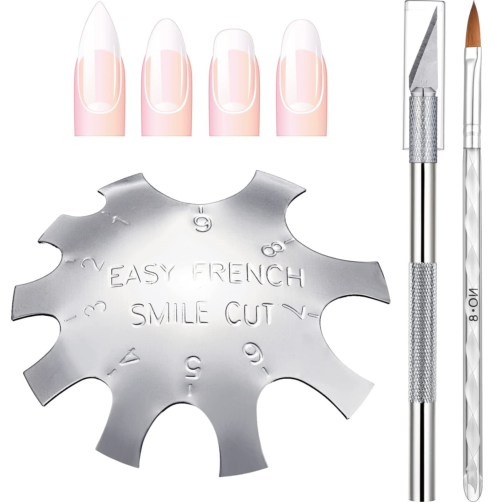 3 Pieces Acrylic Nails Tool Kit Includes French Tip Cutter, Manicure Edge Trimmer, Smile Line Cutter,French Tip Cutting Knife and Acrylic Nail Art Brush(Silver)