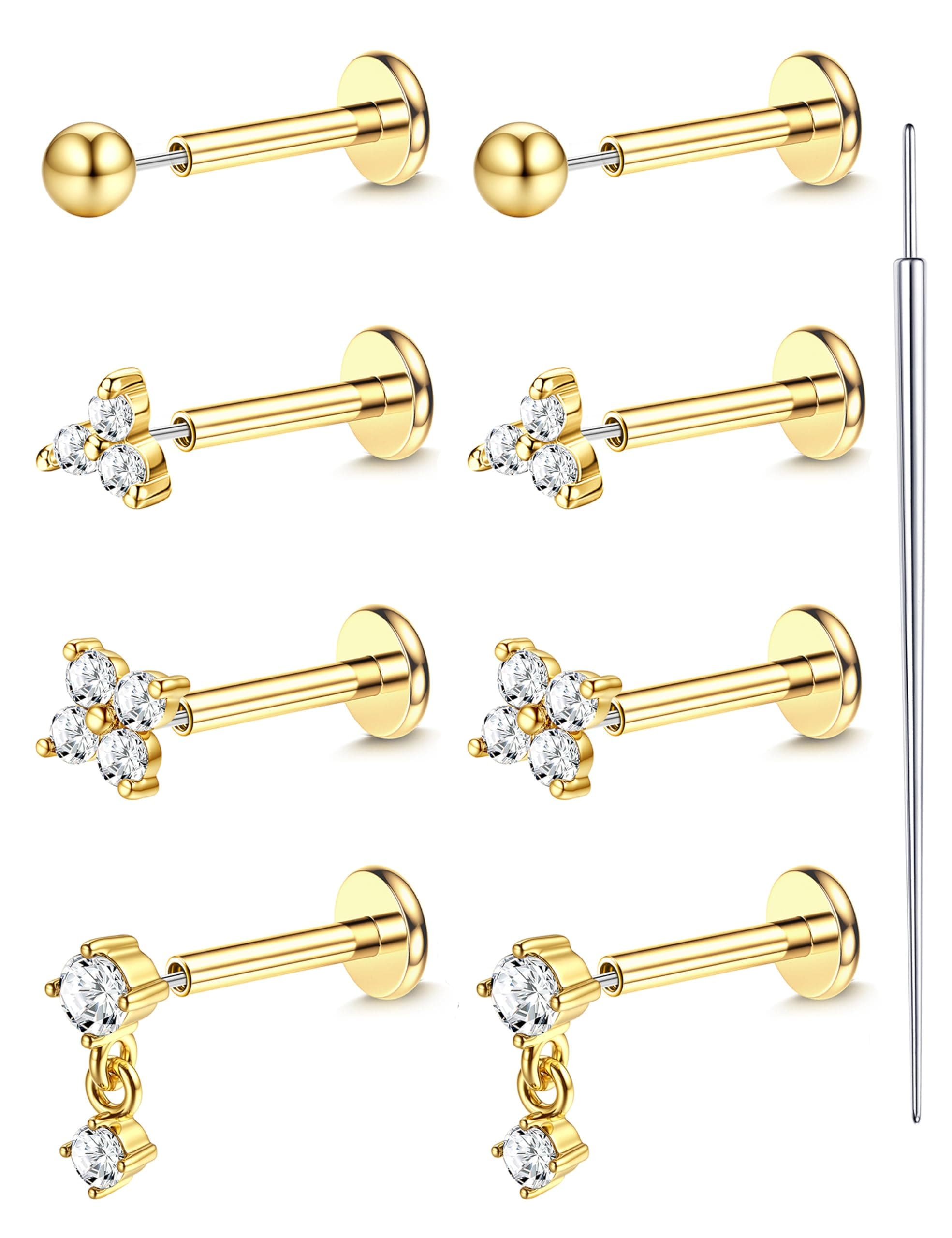 18K Gold Plated Threadless Flat Back Earrings Studs 316L Surgical Steel Push in Nose Studs Rings 20G 18G 16G CZ Tragus Cartilage Helix Conch Lip Labret Medusa Nostril Piercing Jewelry Hypoallergenic